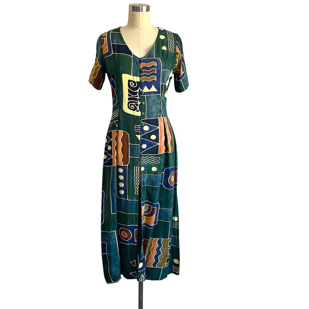 Vintage Tropical Tantrum Tribal Midi Dress: 80s, 90s, Y2K